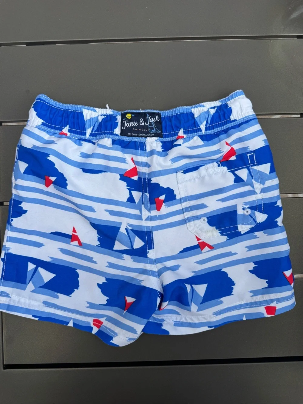 Kids Blue & White Sailboat Swim Trunks